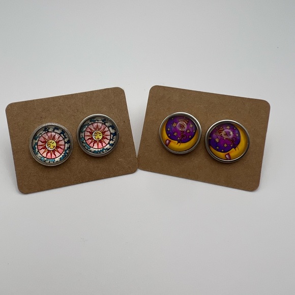 Classic Celestial Stud Earring Set - Moon and Sun Stud Earring Set - Boho Studs - Picture 9 of 12